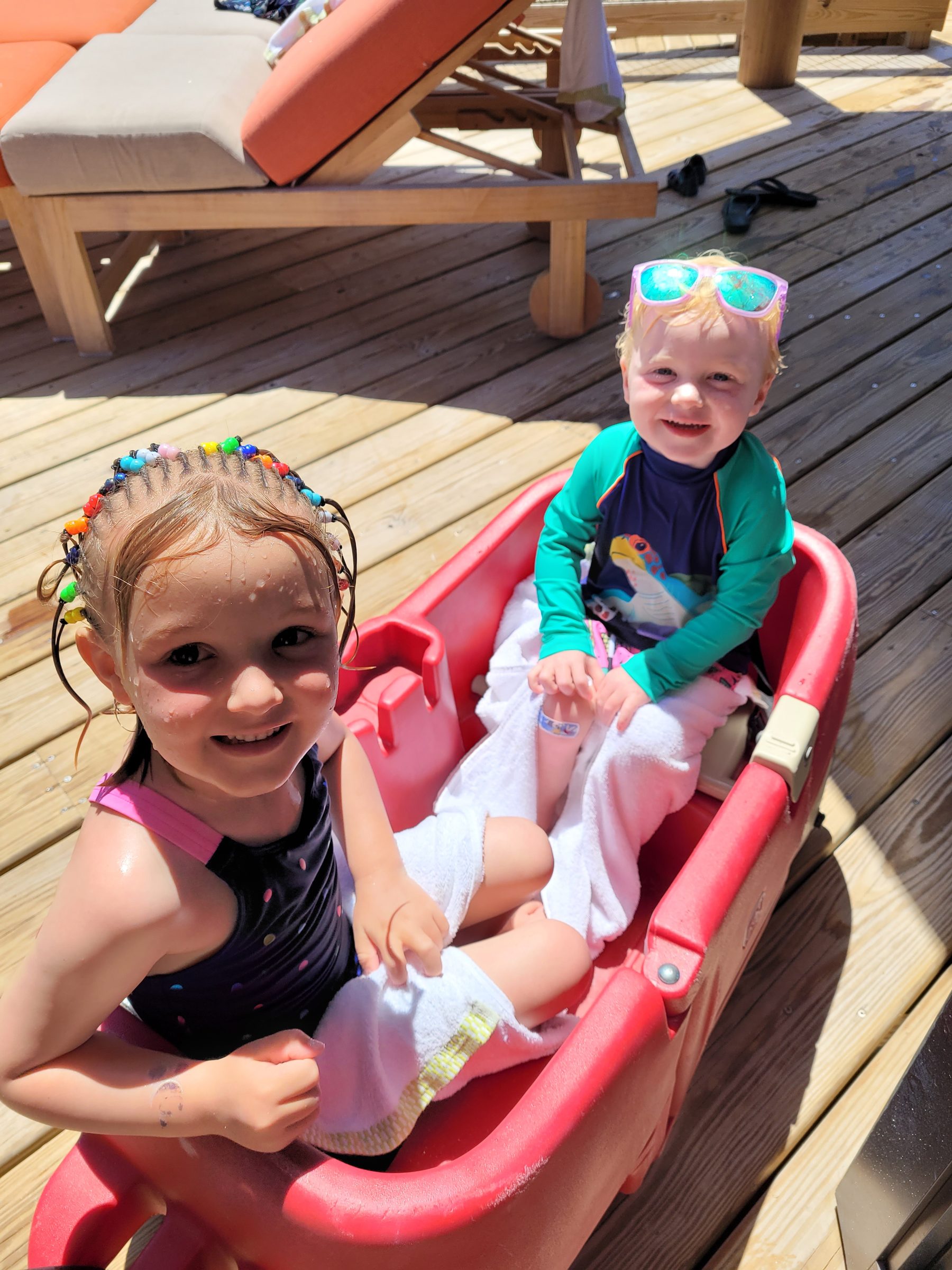 Kids in the wagon at the Lookout Cay cabana